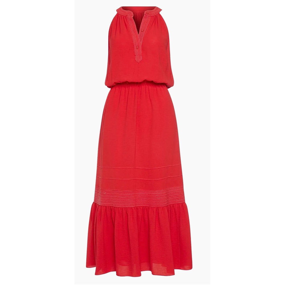Ramy Brook Red Sleeveless Tiered Midi Dress Contrast Stitching XS NEW